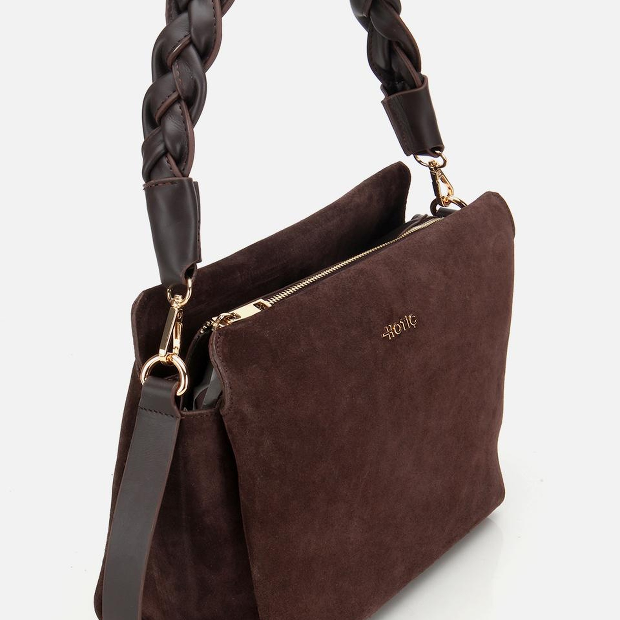 Kadın Süet Deri Kahverengi Örgü Askı Detaylı Omuz Çantası