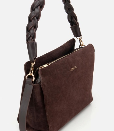  Kadın Süet Deri Kahverengi Örgü Askı Detaylı Omuz Çantası