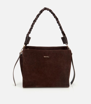  Kadın Süet Deri Kahverengi Örgü Askı Detaylı Omuz Çantası