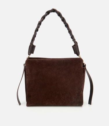  Kadın Süet Deri Kahverengi Örgü Askı Detaylı Omuz Çantası