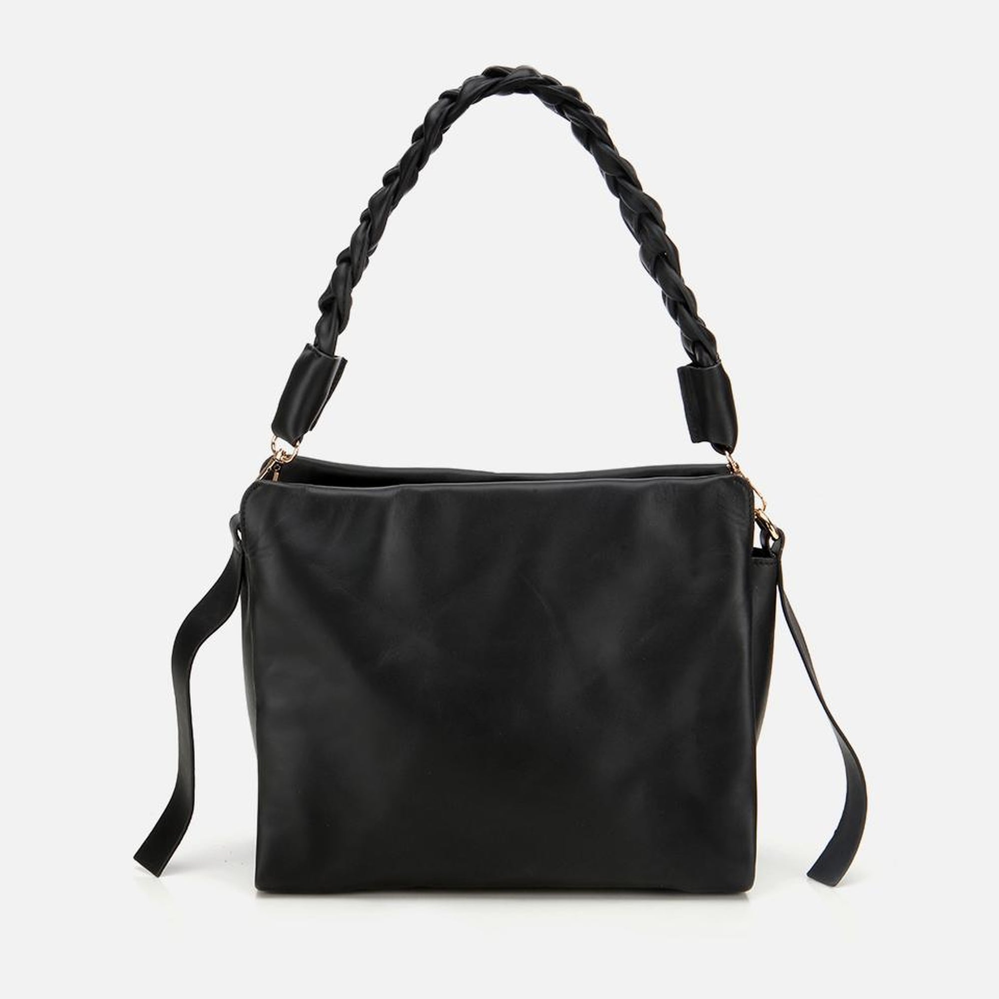 Kadın Deri Siyah Yumuşak Dokulu Örgü Askı Detaylı Omuz Çantası