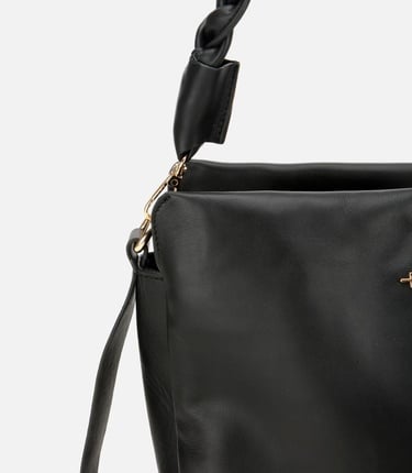  Kadın Deri Siyah Yumuşak Dokulu Örgü Askı Detaylı Omuz Çantası