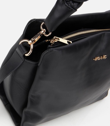  Kadın Deri Siyah Yumuşak Dokulu Örgü Askı Detaylı Omuz Çantası