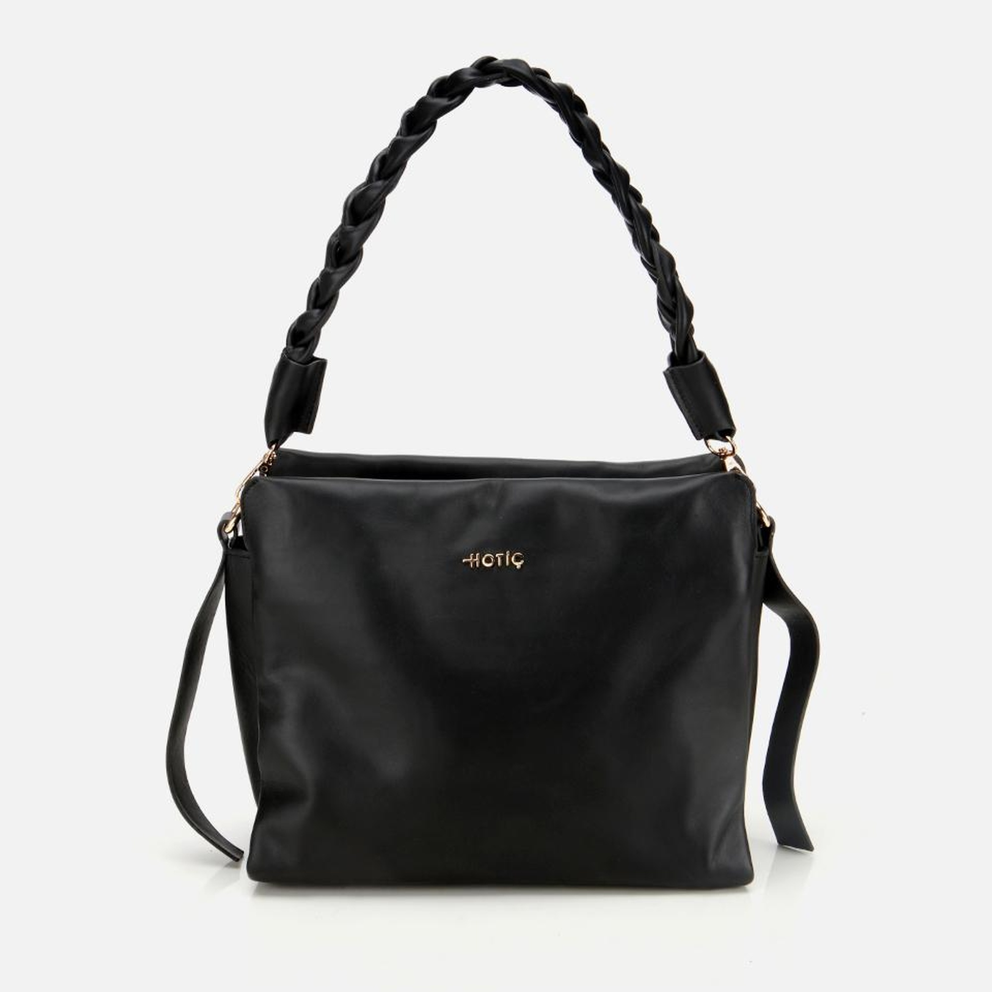 Kadın Deri Siyah Yumuşak Dokulu Örgü Askı Detaylı Omuz Çantası