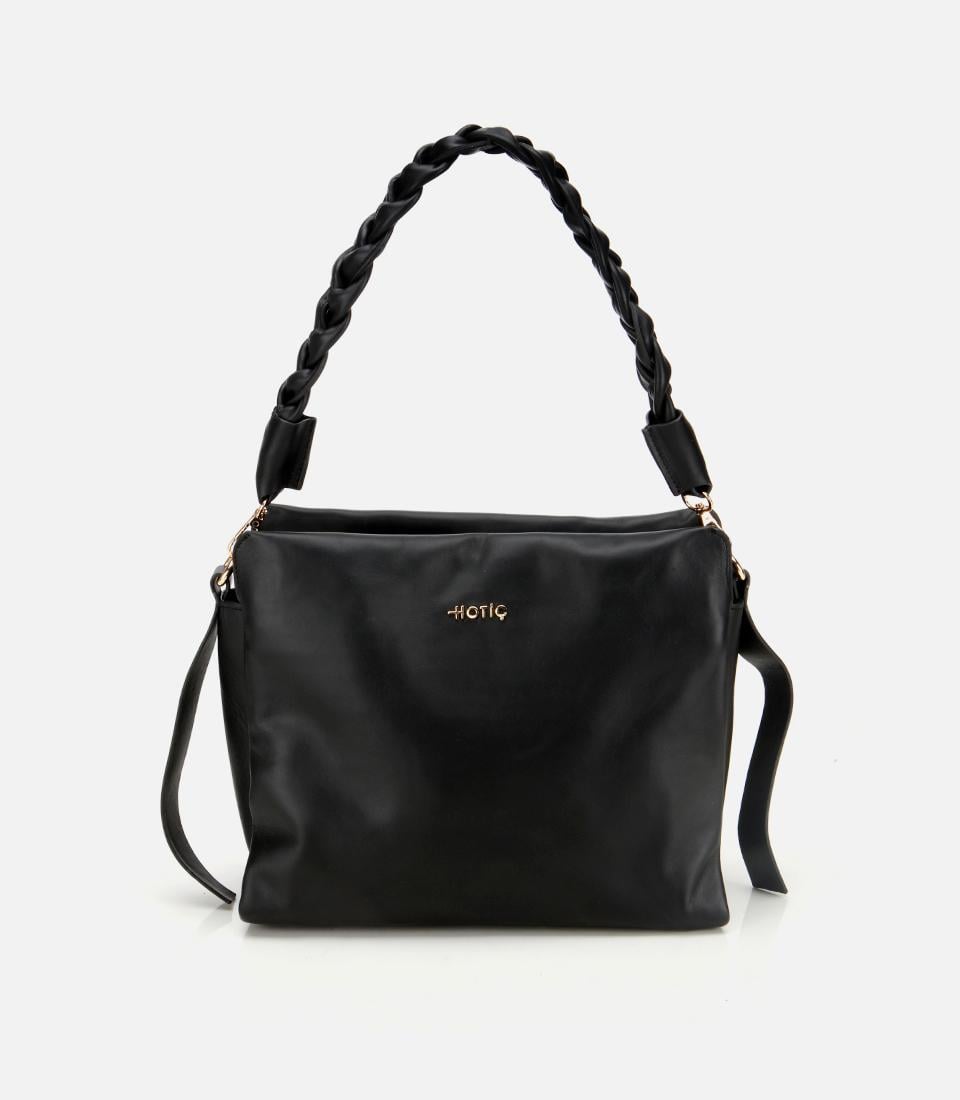  Kadın Deri Siyah Yumuşak Dokulu Örgü Askı Detaylı Omuz Çantası