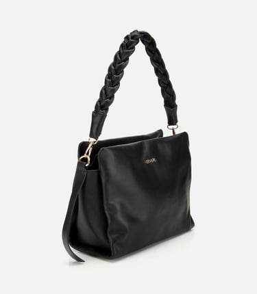  Kadın Deri Siyah Yumuşak Dokulu Örgü Askı Detaylı Omuz Çantası