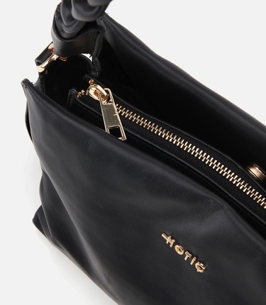  Kadın Deri Siyah Yumuşak Dokulu Örgü Askı Detaylı Omuz Çantası