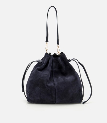  Kadın Süet Deri Lacivert Bucket Omuz Çantası