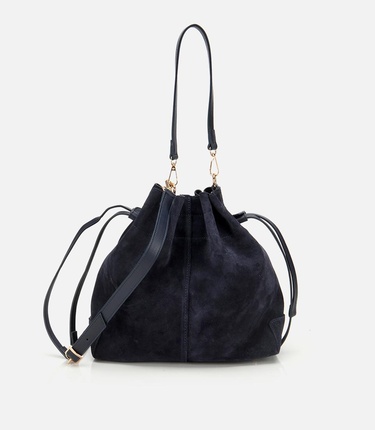  Kadın Süet Deri Lacivert Bucket Omuz Çantası