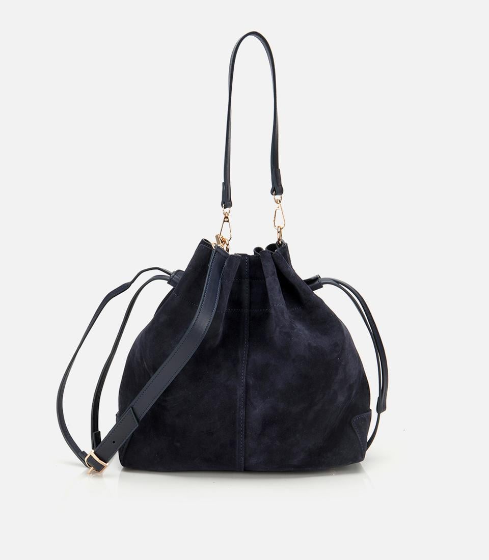  Kadın Süet Deri Lacivert Bucket Omuz Çantası