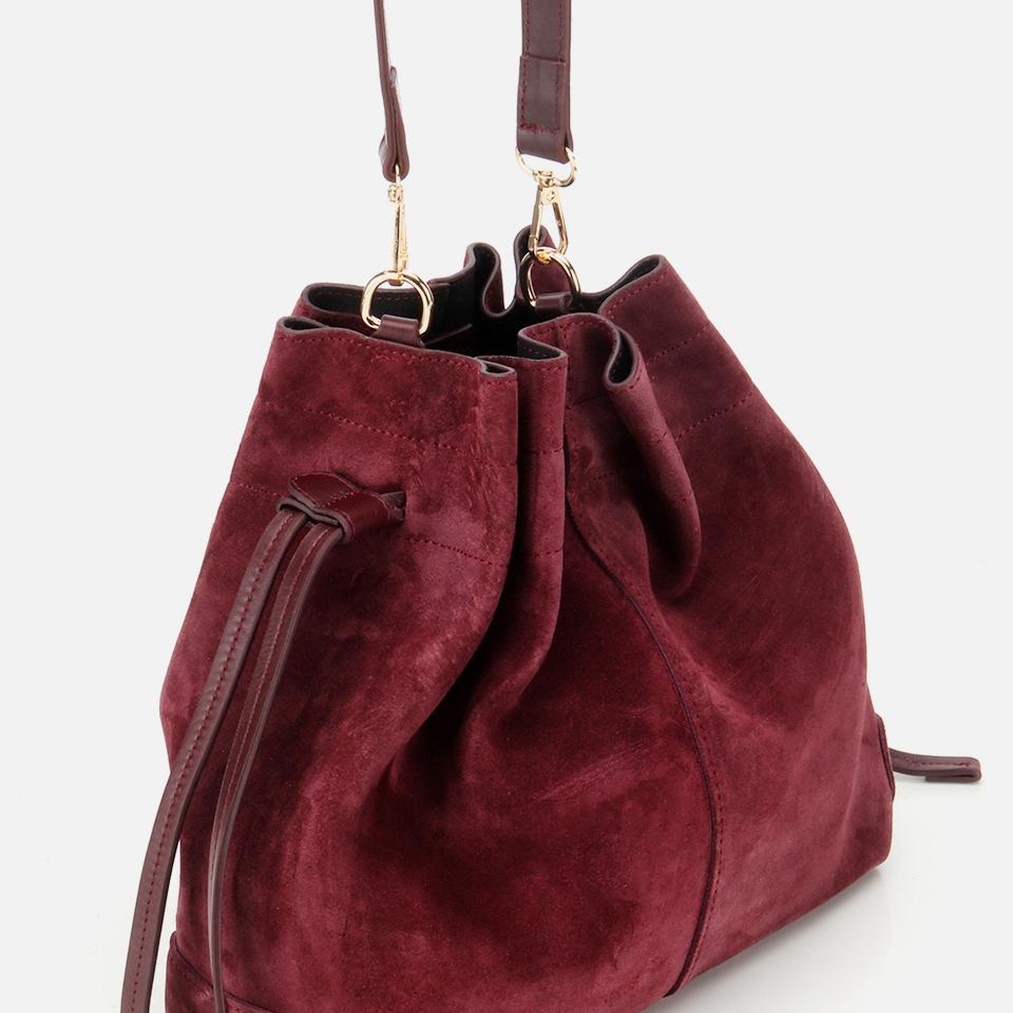Kadın Süet Deri Bordo Bucket Omuz Çantası