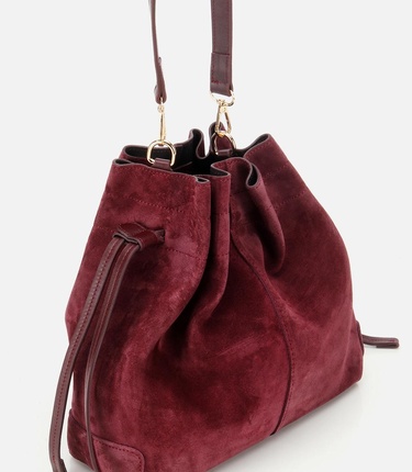  Kadın Süet Deri Bordo Bucket Omuz Çantası