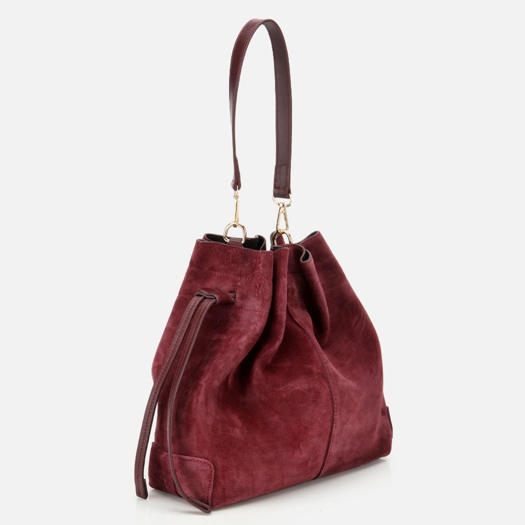 Kadın Süet Deri Bordo Bucket Omuz Çantası