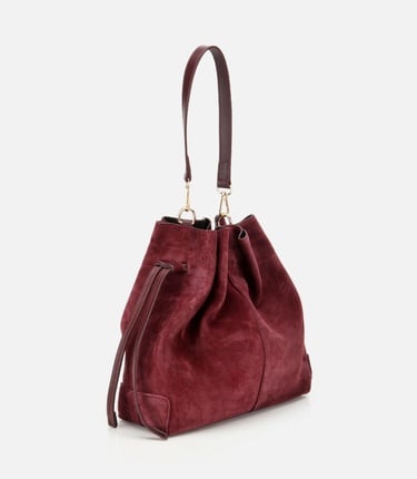  Kadın Süet Deri Bordo Bucket Omuz Çantası