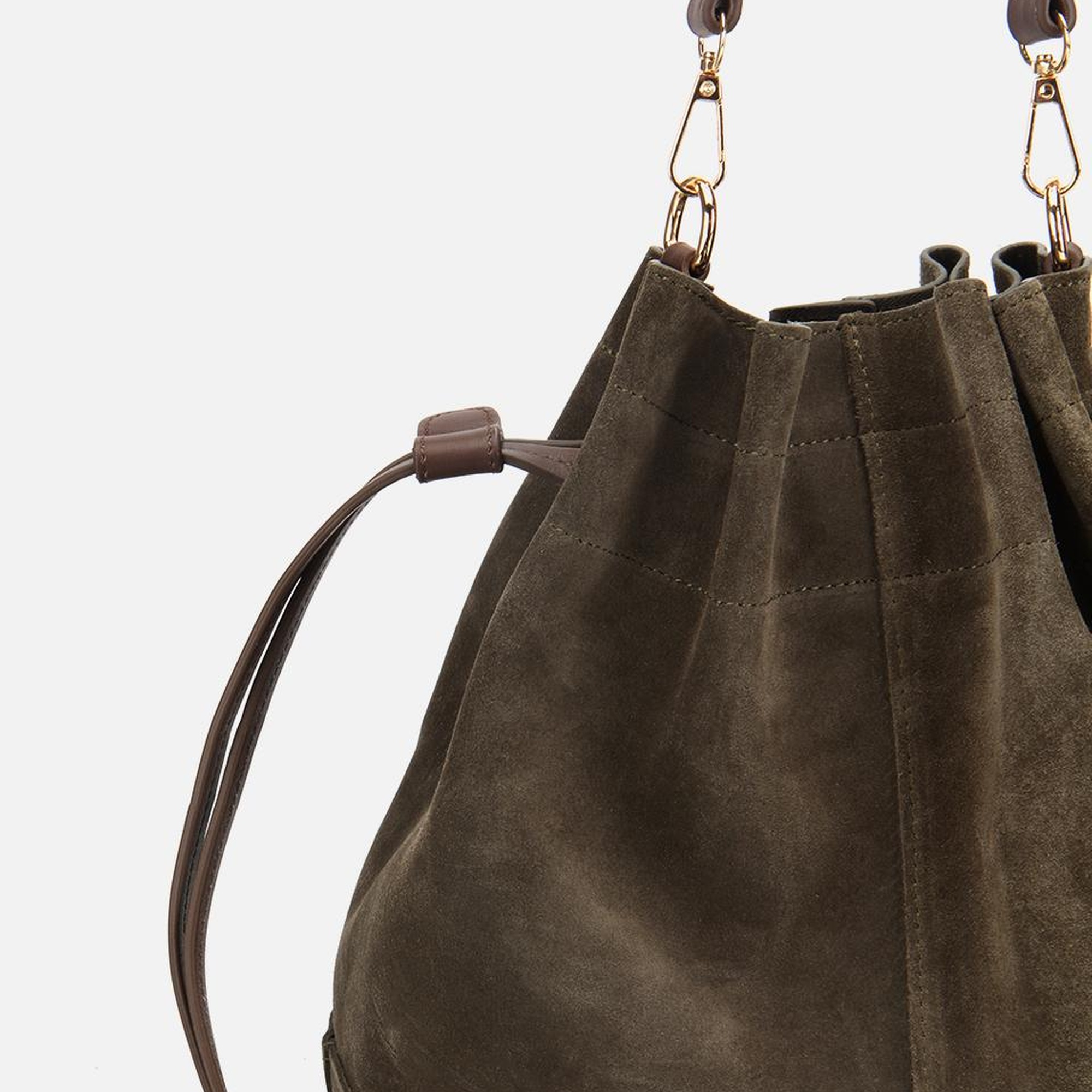 Kadın Süet Deri Haki Bucket Omuz Çantası