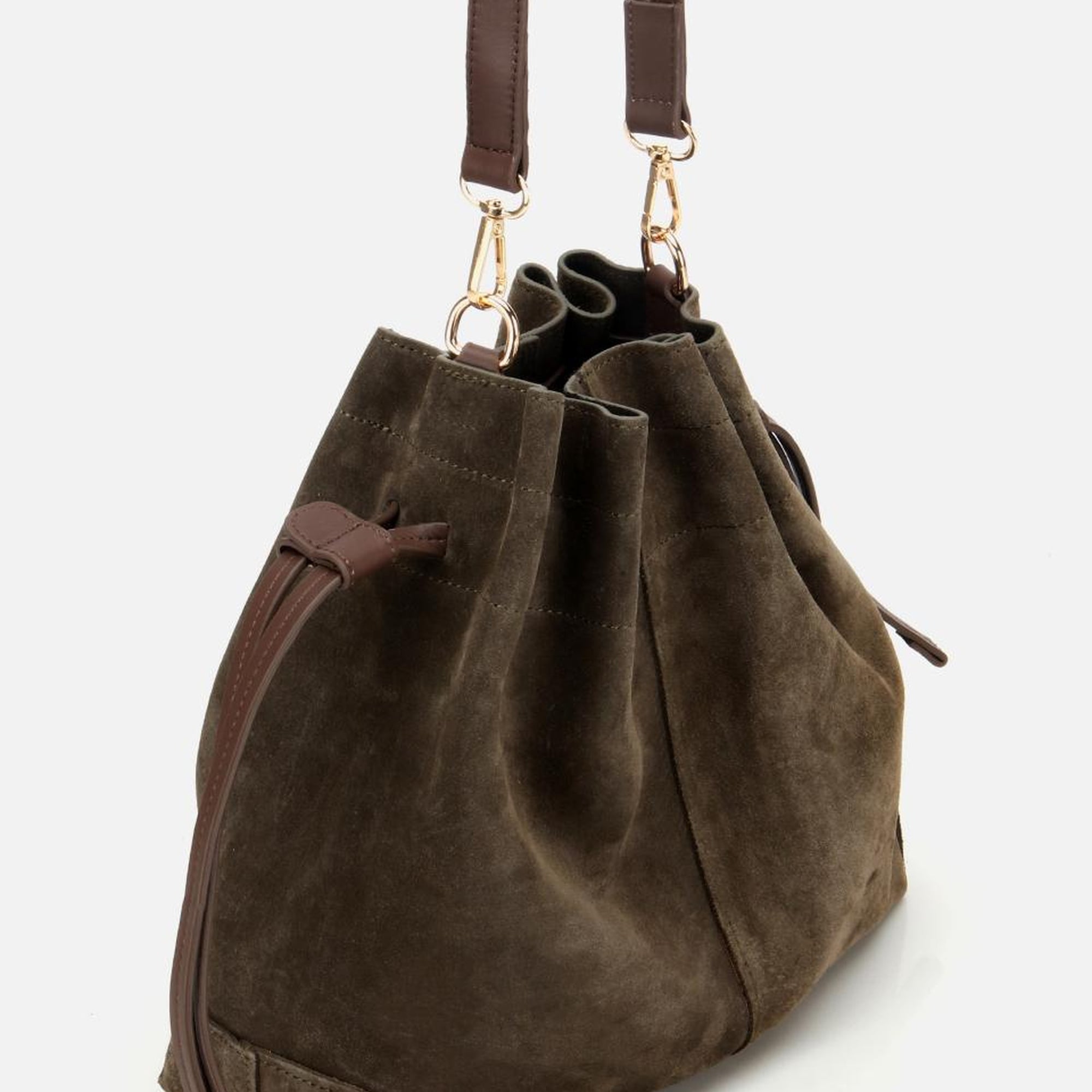 Kadın Süet Deri Haki Bucket Omuz Çantası