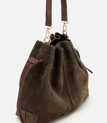  Kadın Süet Deri Haki Bucket Omuz Çantası