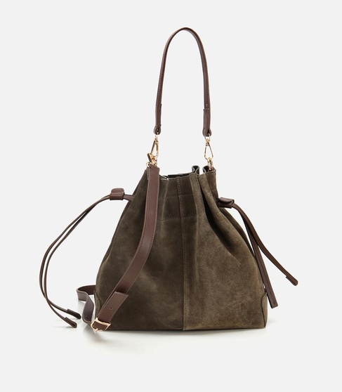  Kadın Süet Deri Haki Bucket Omuz Çantası