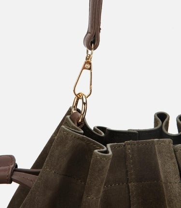  Kadın Süet Deri Haki Bucket Omuz Çantası