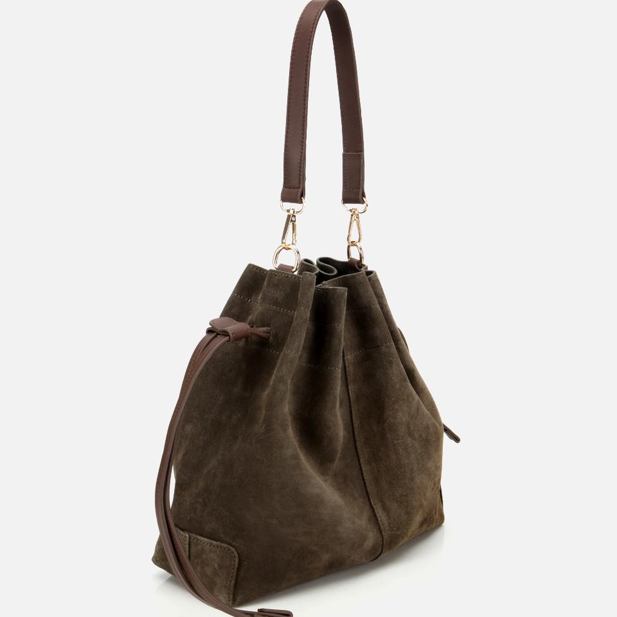 Kadın Süet Deri Haki Bucket Omuz Çantası