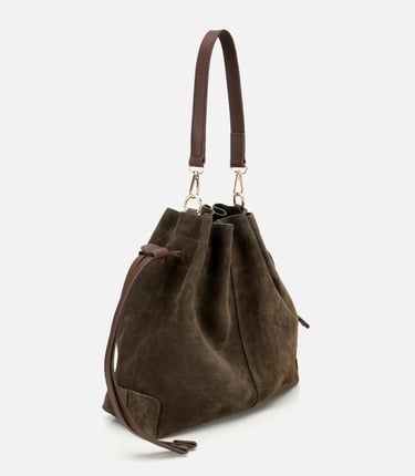  Kadın Süet Deri Haki Bucket Omuz Çantası