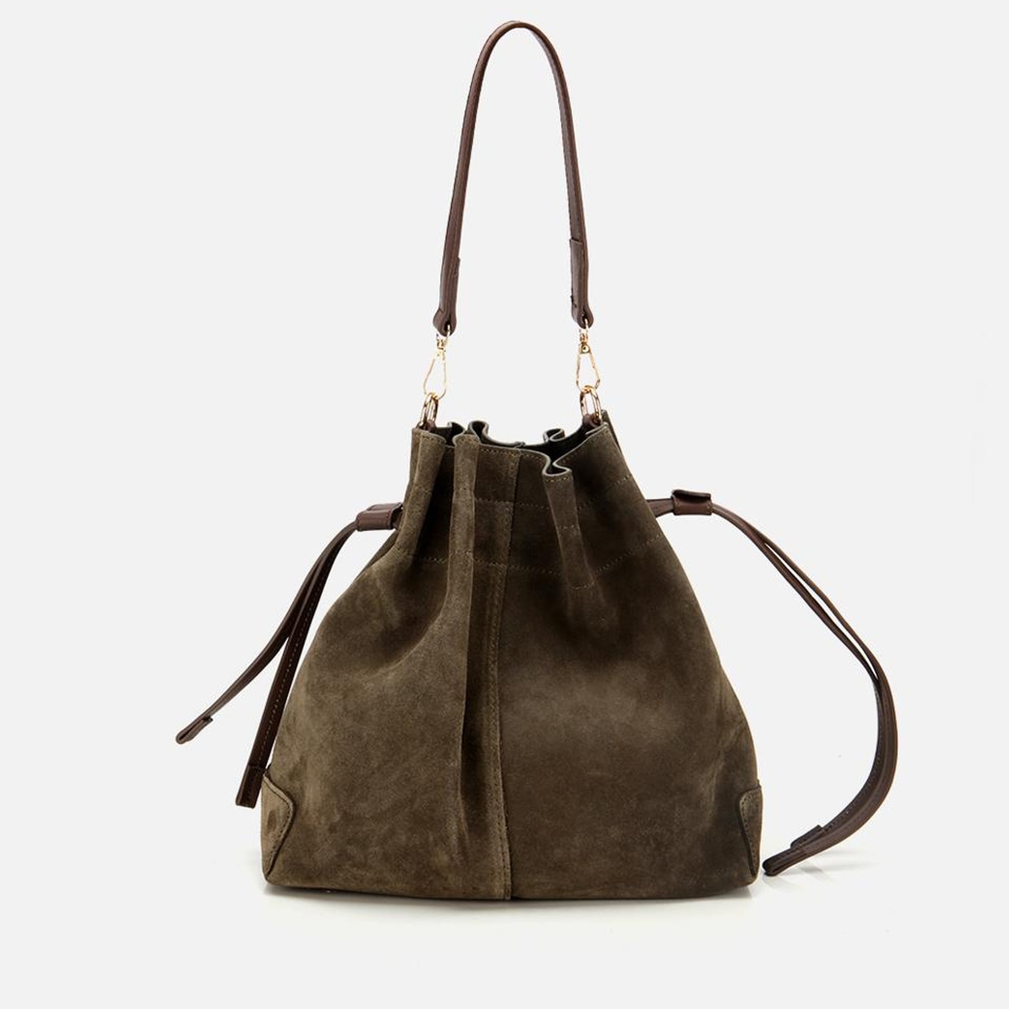 Kadın Süet Deri Haki Bucket Omuz Çantası