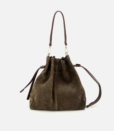  Kadın Süet Deri Haki Bucket Omuz Çantası