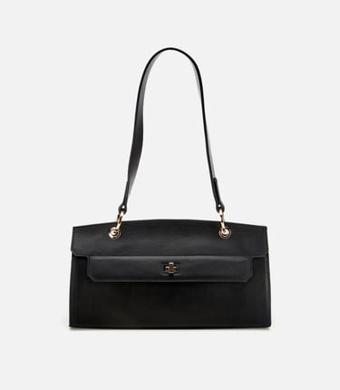  Kadın Deri Siyah Kilit Detaylı Omuz Çantası