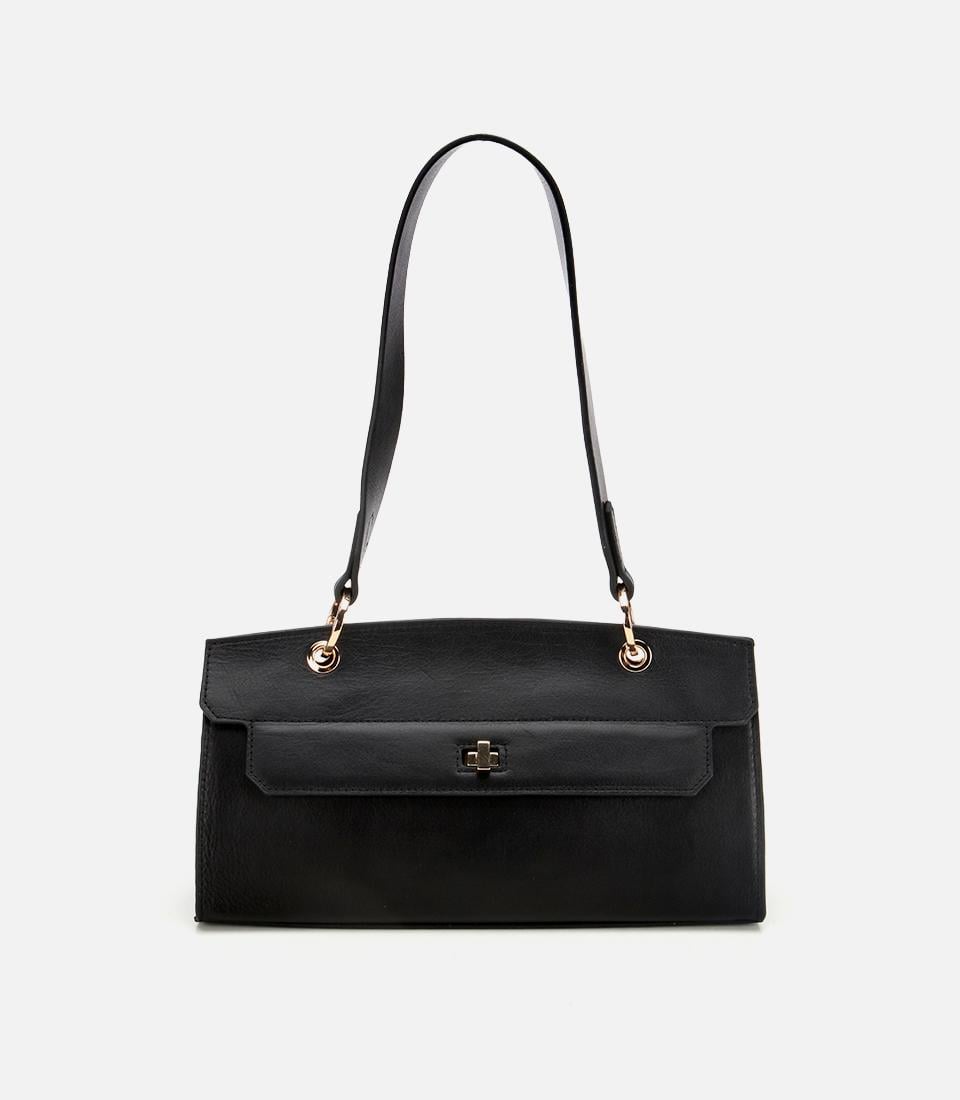  Kadın Deri Siyah Kilit Detaylı Omuz Çantası