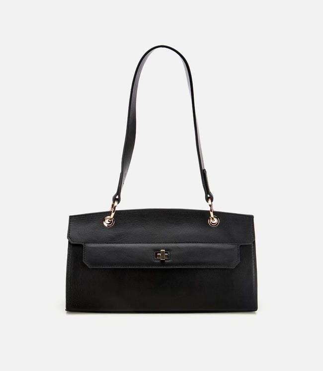  Kadın Deri Siyah Kilit Detaylı Omuz Çantası