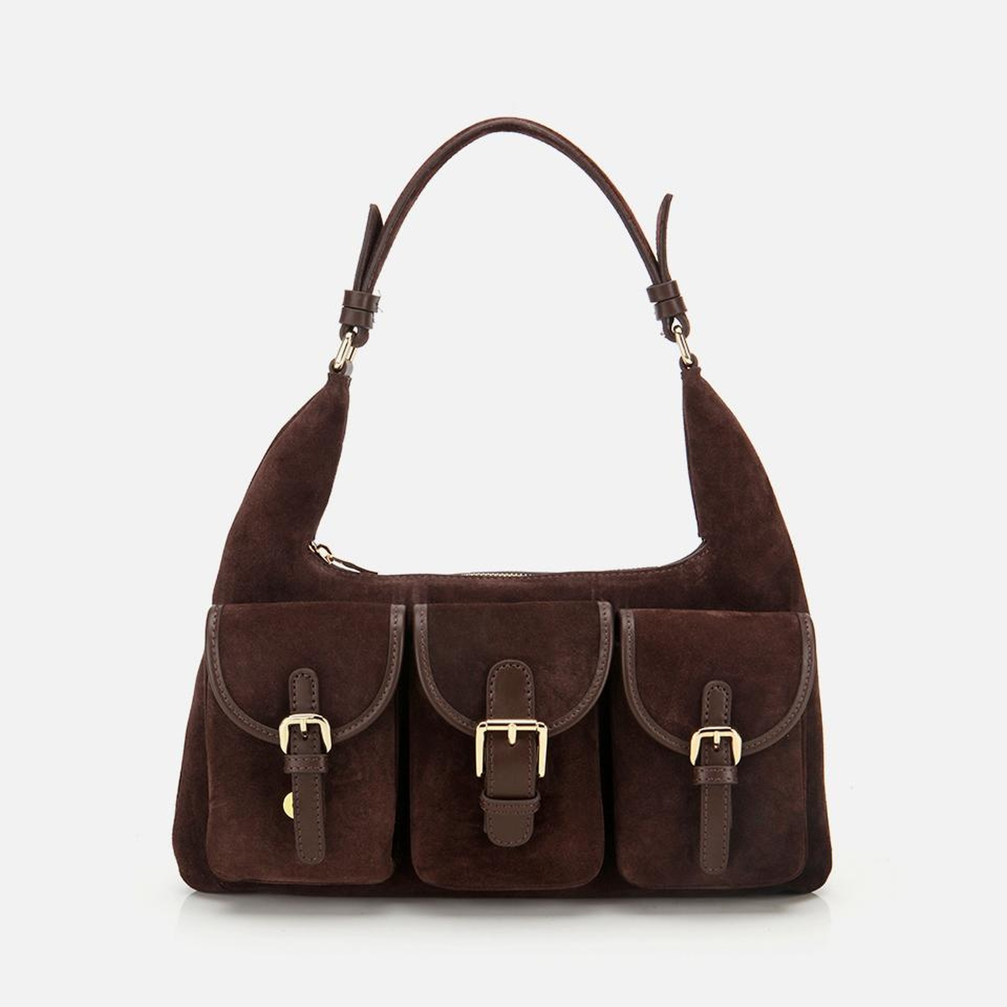 Kadın Süet Deri Kahverengi Cepli Tokalı Omuz Çantası