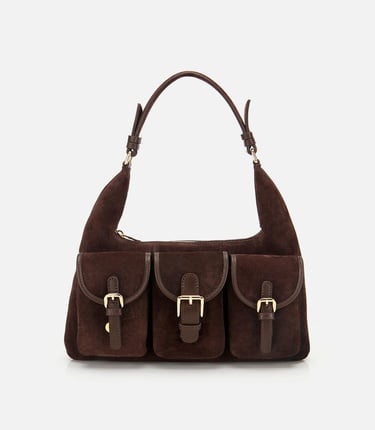  Kadın Süet Deri Kahverengi Cepli Tokalı Omuz Çantası