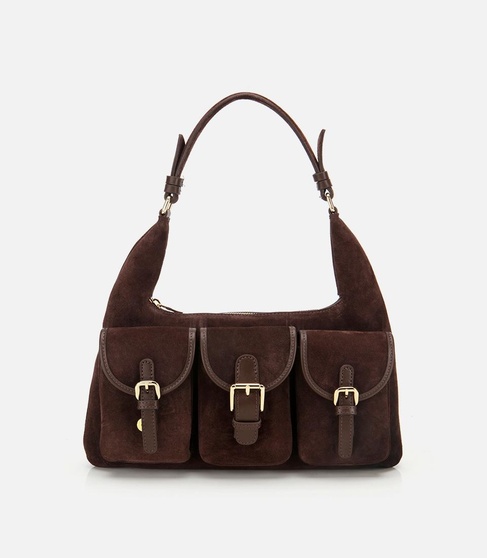  Kadın Süet Deri Kahverengi Cepli Tokalı Omuz Çantası