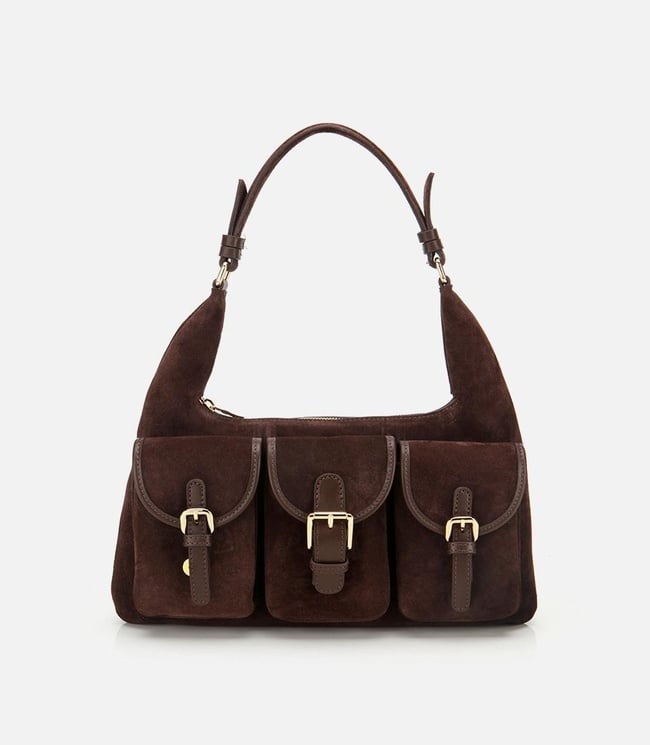  Kadın Süet Deri Kahverengi Cepli Tokalı Omuz Çantası