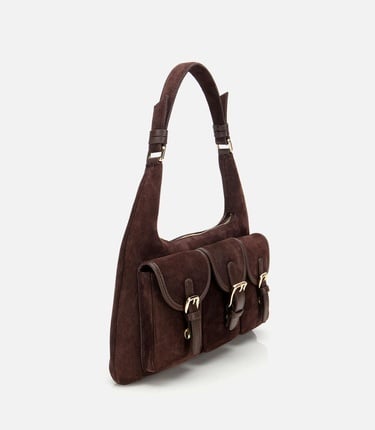  Kadın Süet Deri Kahverengi Cepli Tokalı Omuz Çantası