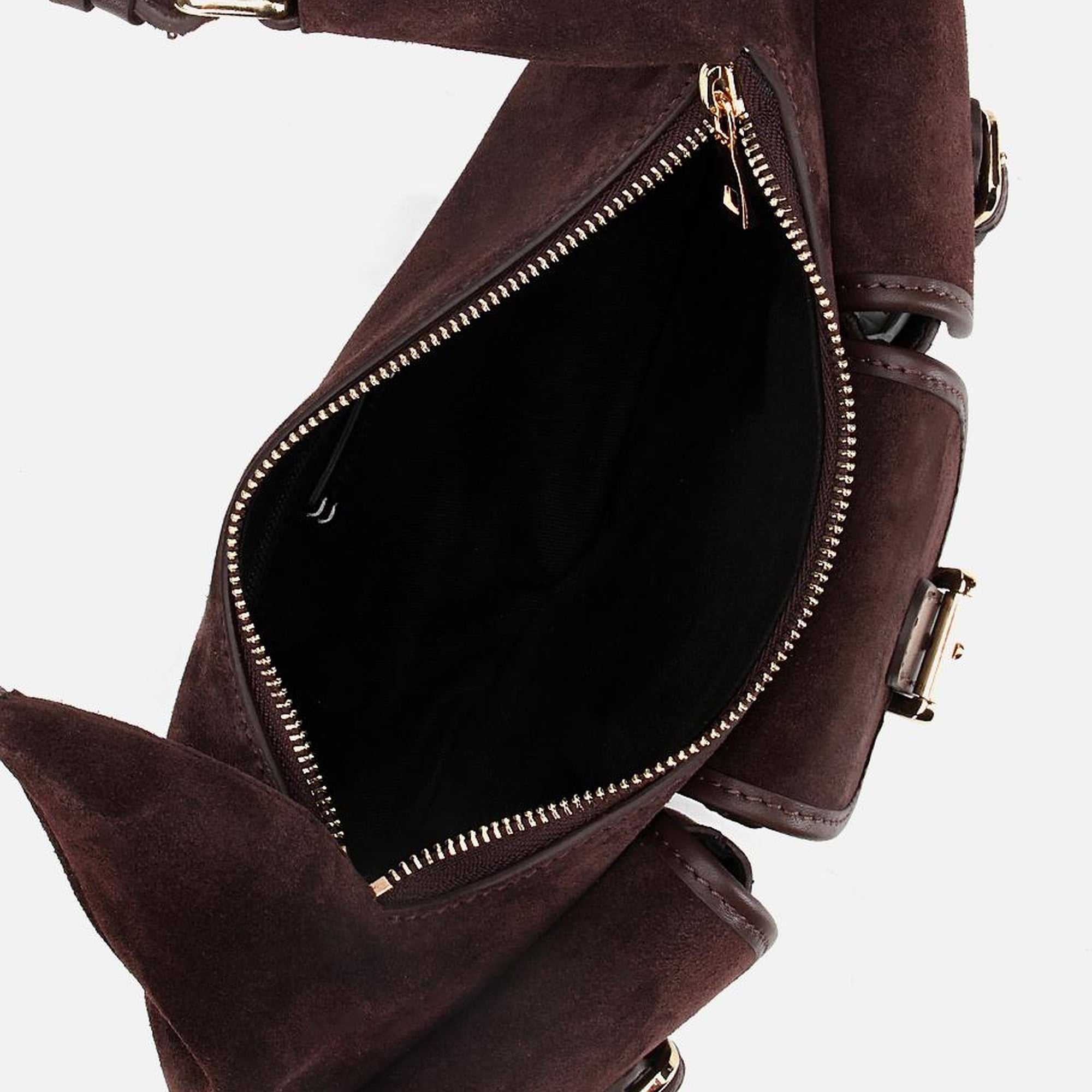 Kadın Süet Deri Kahverengi Cepli Tokalı Omuz Çantası