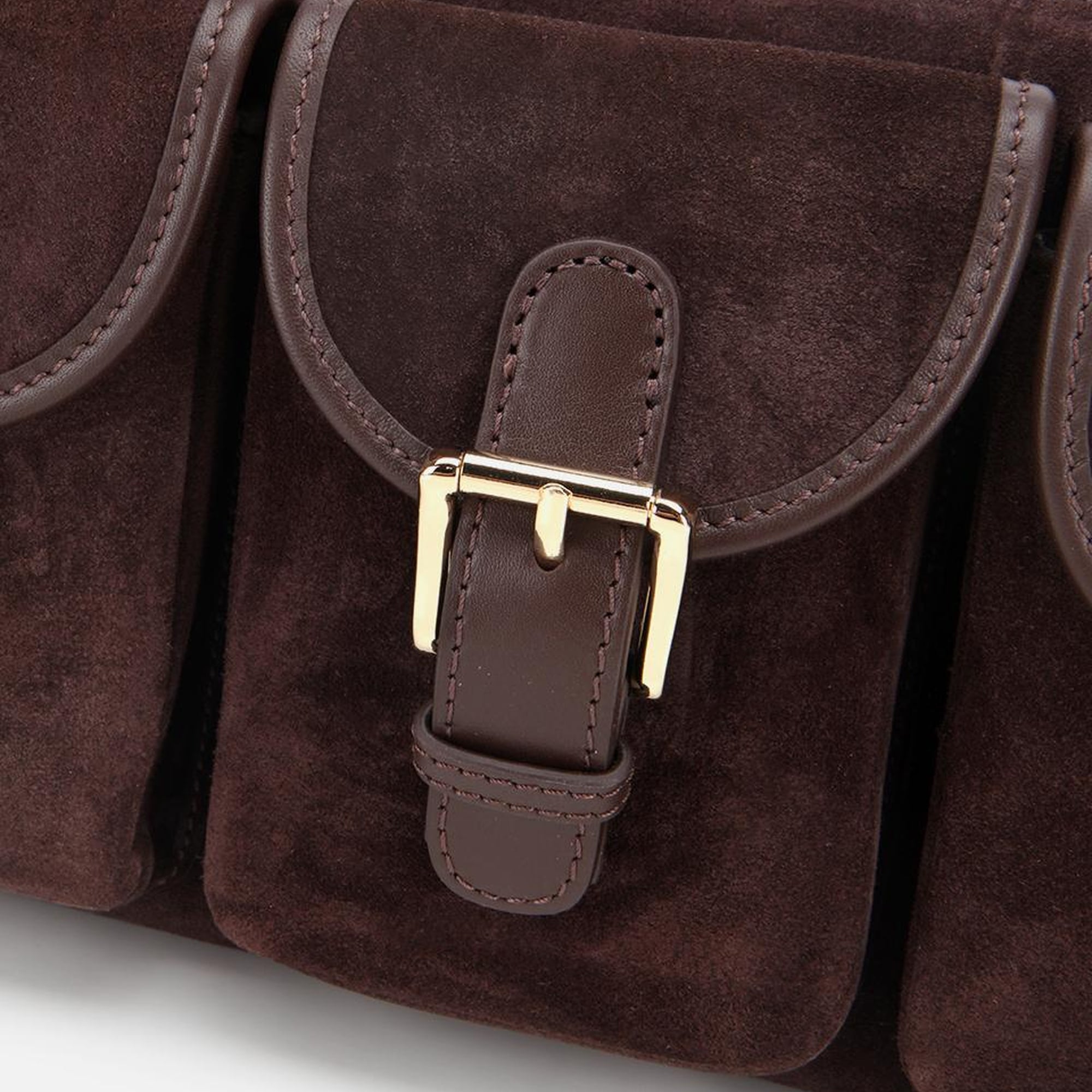 Kadın Süet Deri Kahverengi Cepli Tokalı Omuz Çantası