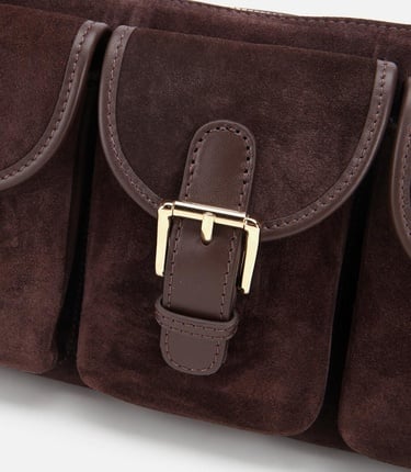  Kadın Süet Deri Kahverengi Cepli Tokalı Omuz Çantası