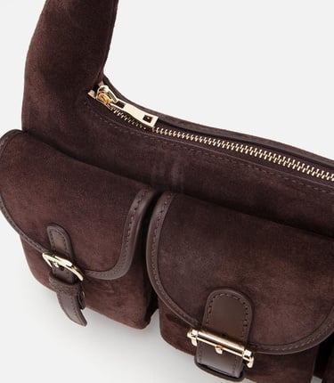  Kadın Süet Deri Kahverengi Cepli Tokalı Omuz Çantası