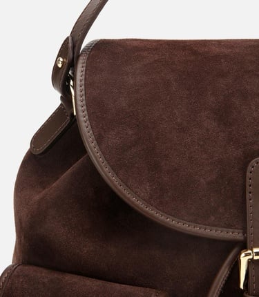  Kadın Süet Deri Kahverengi Cepli Tokalı Sırt Çantası