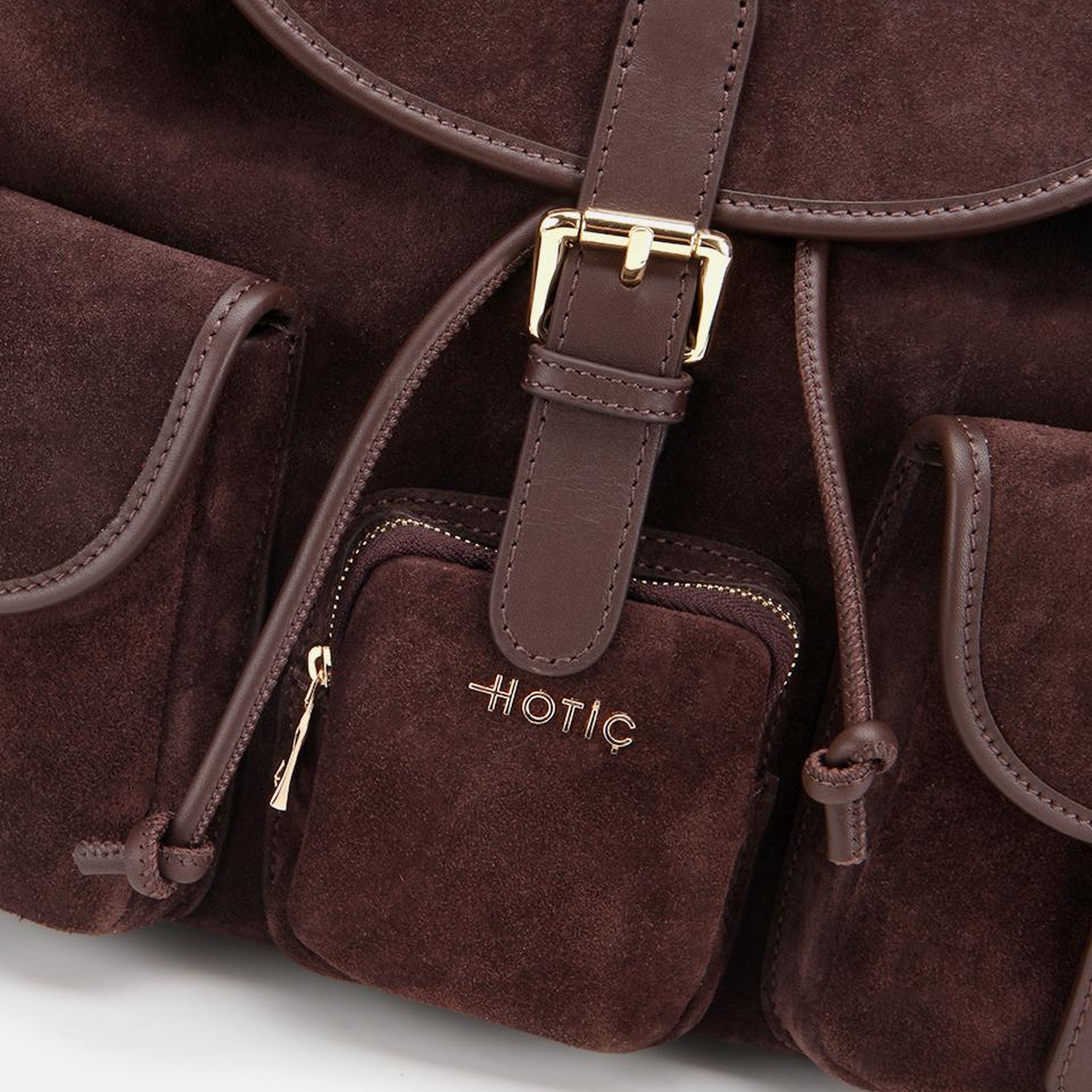 Kadın Süet Deri Kahverengi Cepli Tokalı Sırt Çantası