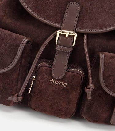  Kadın Süet Deri Kahverengi Cepli Tokalı Sırt Çantası