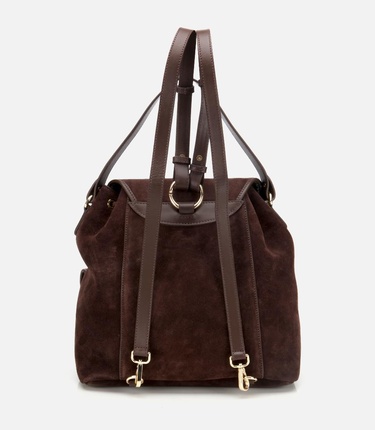  Kadın Süet Deri Kahverengi Cepli Tokalı Sırt Çantası