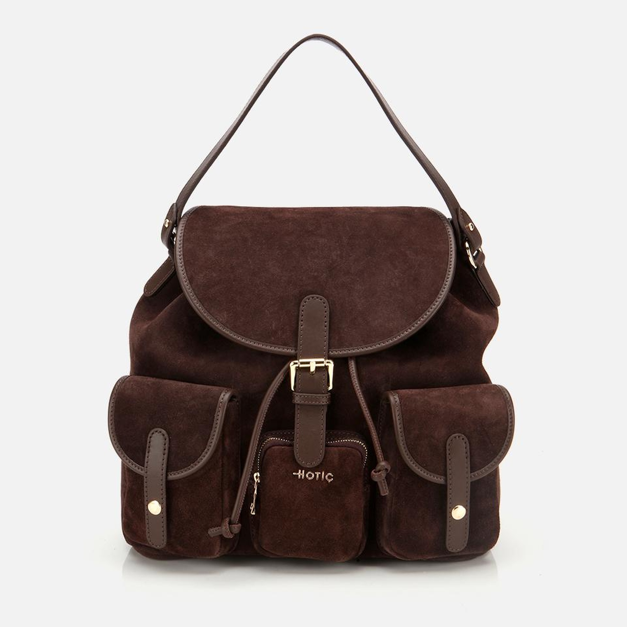 Kadın Süet Deri Kahverengi Cepli Tokalı Sırt Çantası