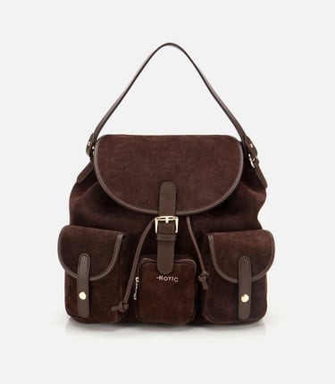  Kadın Süet Deri Kahverengi Cepli Tokalı Sırt Çantası