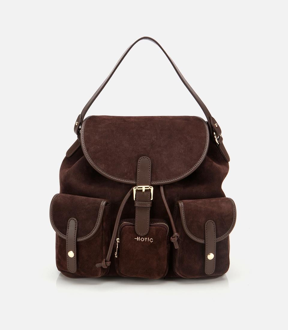  Kadın Süet Deri Kahverengi Cepli Tokalı Sırt Çantası