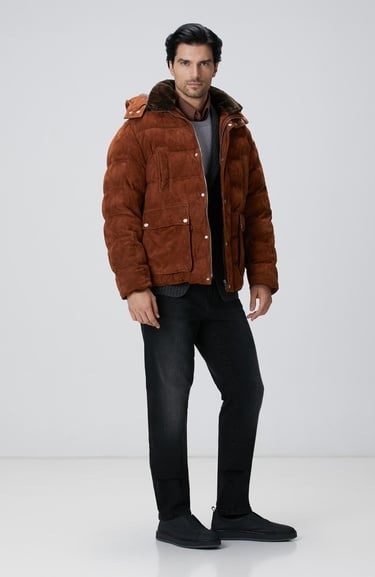  Network Erkek Tarçın Kapüşonlu Deri Kaban