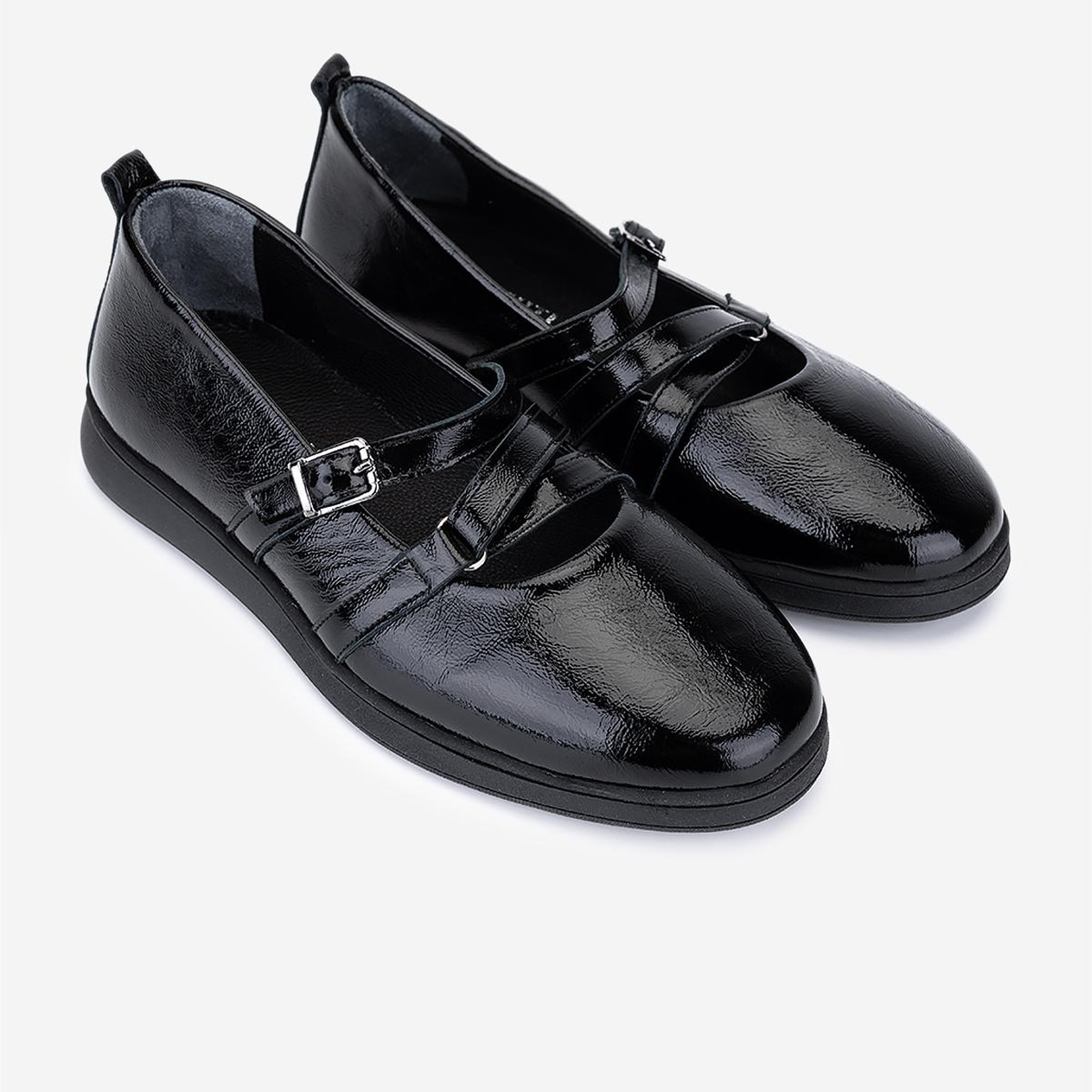 Valmenti Kadın Hakiki Deri Siyah Kırışık Rugan Babet Ayakkabı