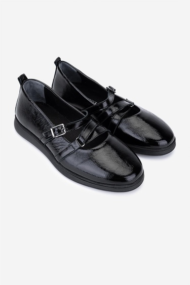  Valmenti Kadın Hakiki Deri Siyah Kırışık Rugan Babet Ayakkabı