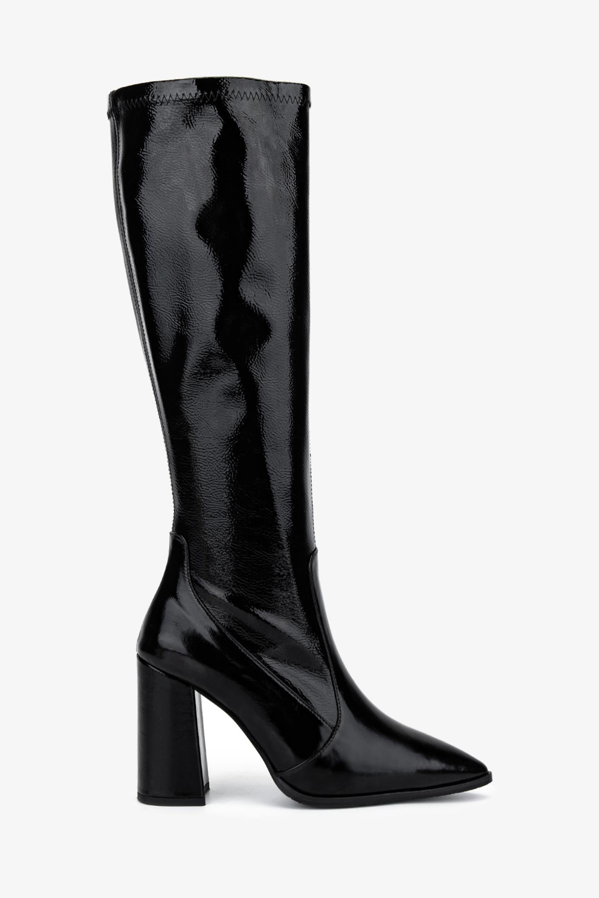  Valmenti Kadın Deri & Suni Siyah Rugan Topuklu Çizme